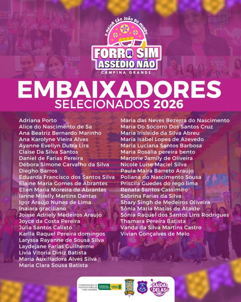 São João: PMCG divulga lista dos novos ‘Embaixadores Sociais voluntários da Campanha ‘Forró Sim, Assédio Não’ 2026