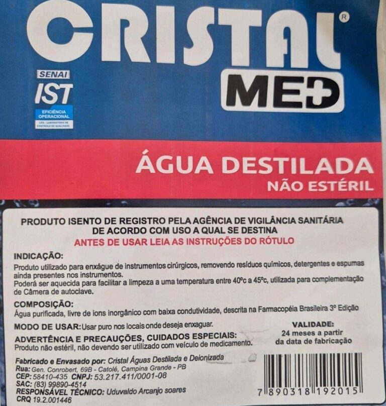 Vigilância Sanitária de CG orienta imediata suspensão de uso e comercialização de água destilada não estéril da marca Cristal Med