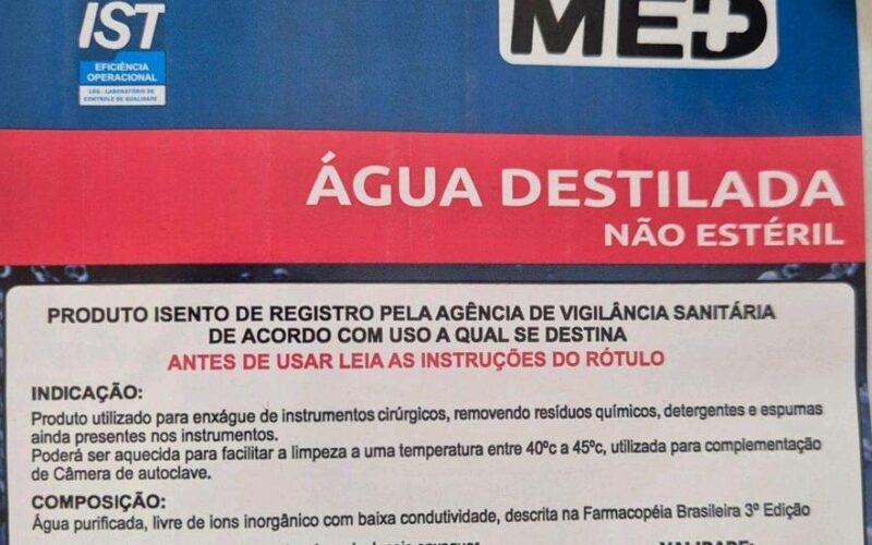 Vigilância Sanitária de CG orienta imediata suspensão de uso e comercialização de água destilada não estéril da marca Cristal Med
